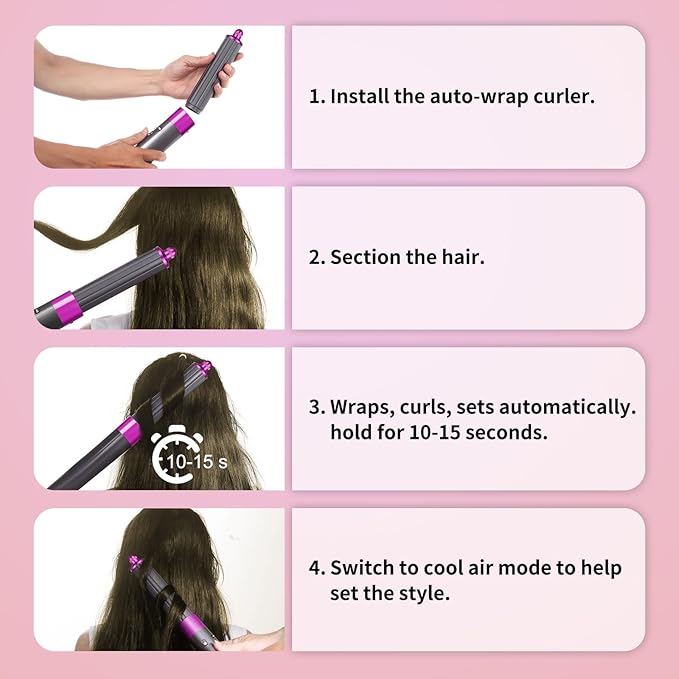40mm/1.6 Hair Long Barrel Attachment for Dyson Airwrap HS01/05/08 Adjustable Bidirectional Auto-Wrap Curling for Bouncy Curls or Waves Rose