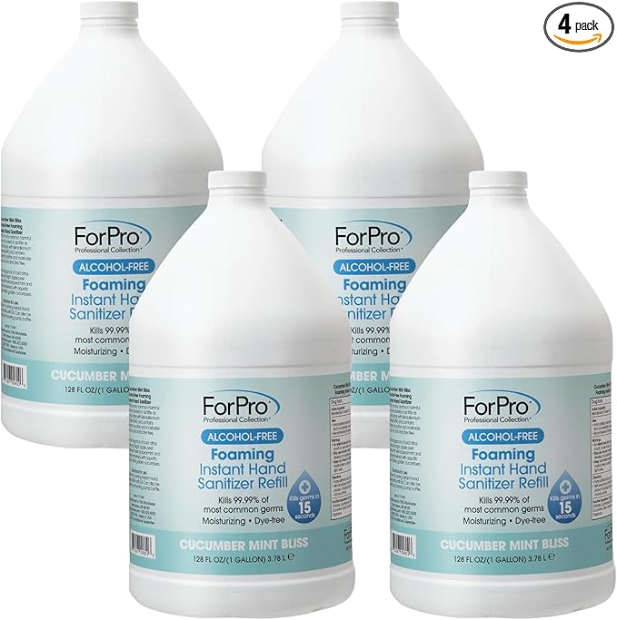 ForPro Alcohol-Free Foaming Instant Hand Sanitizer Moisturizing Dye-Free Formula Cucumber Mint Bliss Scent 1 Gallon Refill (Pack of 4)