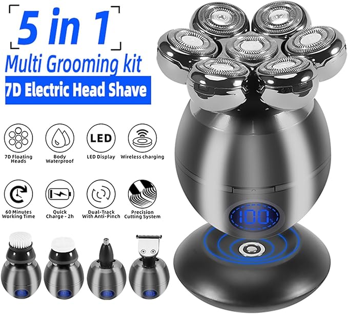 5-in-1 Electric Head Shaver for Bald MenRotary Design Head ShaversElectric Men's Grooming Kit with Rotary Blades Clippers Nose Trimmer Brush MassagerCordless and Rechargeable
