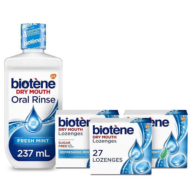 Biotene Fresh Mint Moisturizing Oral Rinse Mouthwash Alcohol-Free for Dry Mouth 33.8 ounce &amp Biotene Dry Mouth Lozenges Refreshing Mint 81 Count