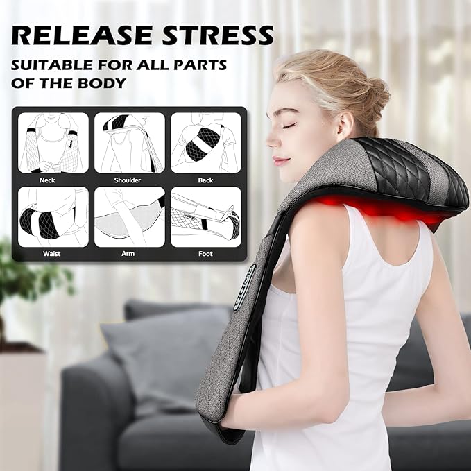 Blue Elf Shiatsu Electric Neck Back Massager Pillow 3D Kneading with Heat for Shoulder Lower Back Foot Leg Muscles Pain Relief Relax in Car Office and Home (Gray)