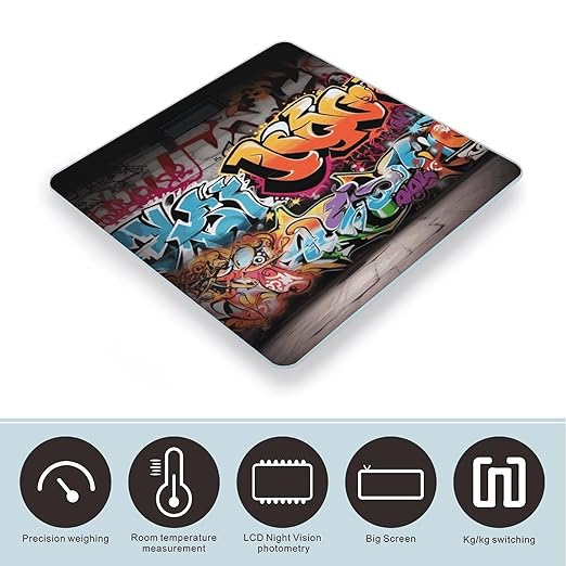 Graffiti Hip Hop Weight Scale Large Bathroom Scales Digital Weight with Bright LED Display Non Slip Automatic Weighing Scale Fashion Weighing Machine for Body