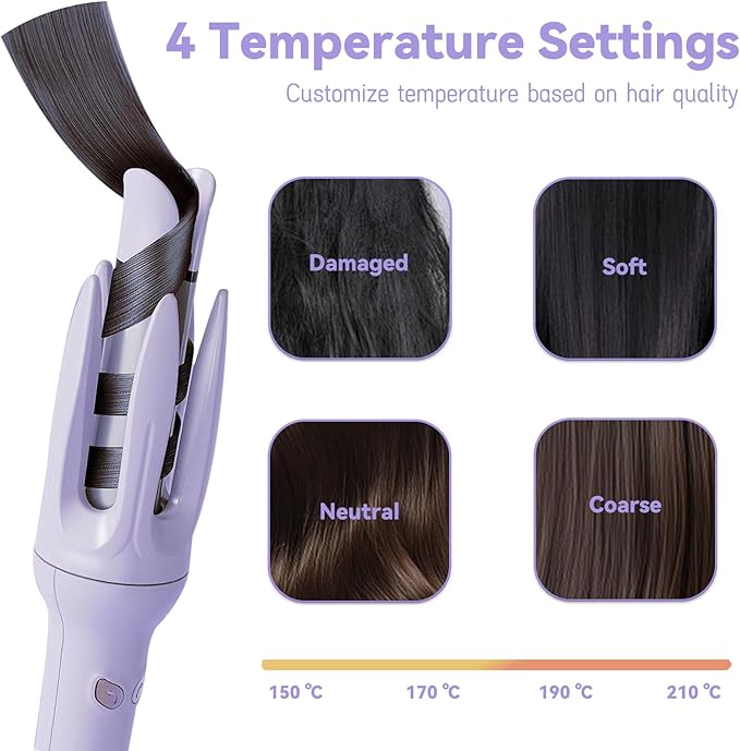 Automatic Curling Iron Rotating Curling Iron with 4 Temps &amp Display Screen 40S Fast Heating Hair Curlings Wand Anti-Tangle Anti-Scald Wave Curling Irons Ceramic Hair Curler for Women (Purple)