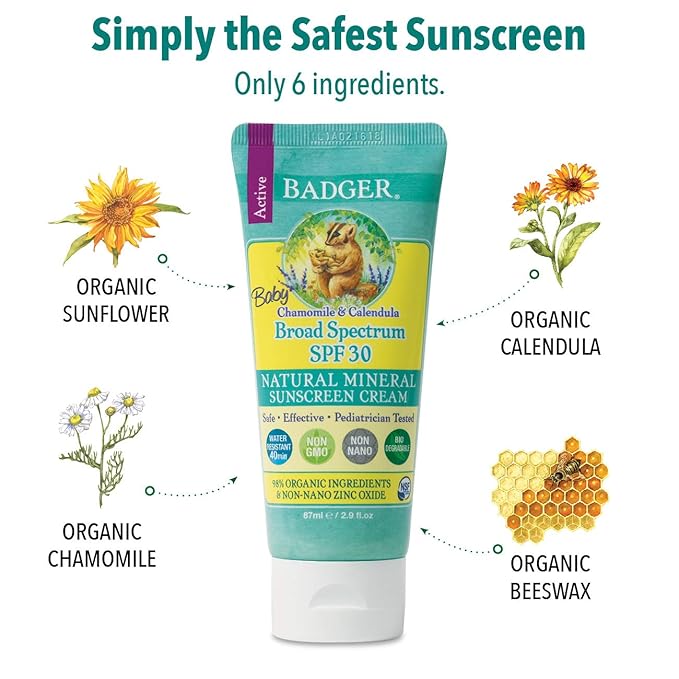 Badger - SPF 30 Baby SunscreenCream with Zinc Oxide - Broad Spectrum &amp Water Resistant Reef Safe Sunscreen Natural Mineral Sunscreen with Organic Ingredients 2.9 fl oz