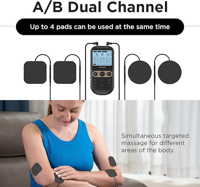 4 in 1 - D.I.Y &amp Tens Unit &amp EMS &amp Massage Muscle Stimulator Dual Channel TENS Units Therapy Machine for Pain Relief FDA Cleared Rechargeable Electronic Pulse Massagerwith 12pcs Electro