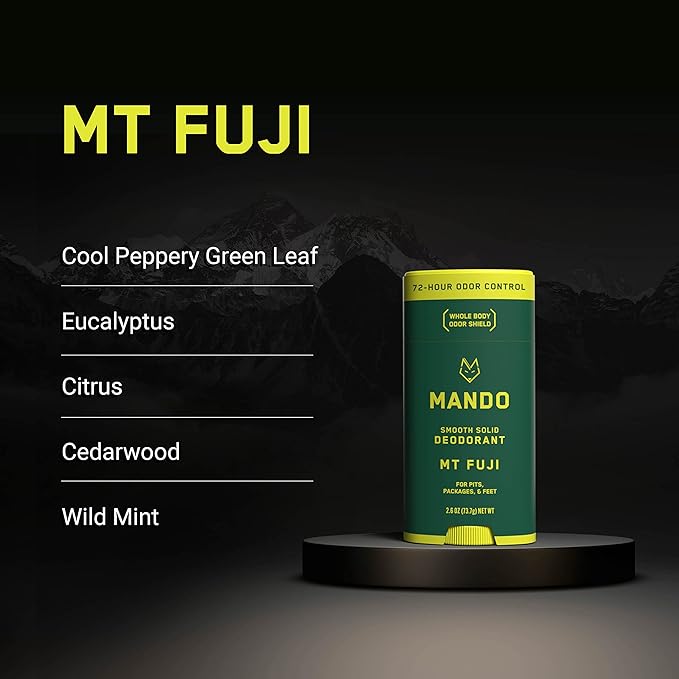 Mando Smooth Solid Stick (2.6 Ounce) + Acidified Body Wash (8.5 Ounce) - Clinically Proven to Block Odor All Day - Whole Body Safe For Pits Packages + Feet (Mt. Fuji)
