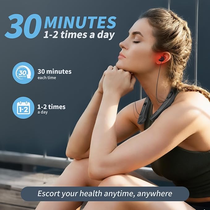Red Light for Ears Portable Ear Wellness Device Wearable Red Light Device Neckband Design with Adjustable Earbud Cord Featuring 3-Level Adjustment
