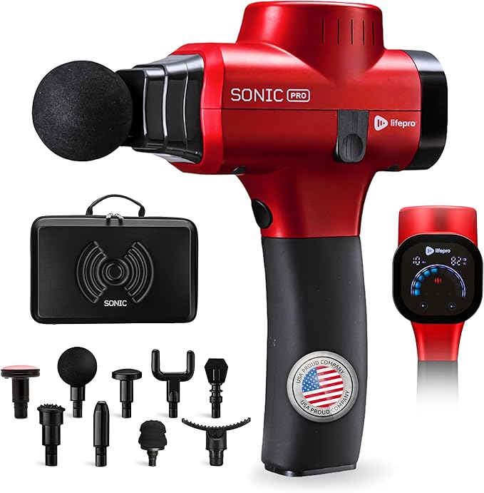 Lifepro Sonic Pro Handheld Electric Massage Gun – Deep Tissue Percussion Massager Gun with 10 Speeds &amp 9 Heads – Muscle Massager for Athletes Back Legs Arms