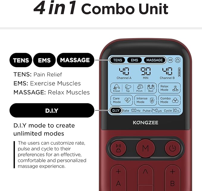 4 in 1 - D.I.Y &amp Tens Unit &amp EMS &amp Massage Muscle Stimulator Dual Channel TENS Units Therapy Machine for Pain Relief FDA Cleared Rechargeable Electronic Pulse Massagerwith 12pcs Electro