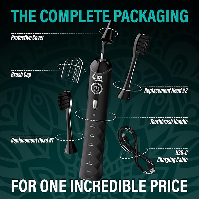 GuruNanda Pressure Sonic 2.0 Electric Toothbrush with Butter On Gums Bristles – Smart Pressure Sensor 5 Modes 2-Min Timer 55-Day Rechargeable Battery IPX7 Waterproof Black