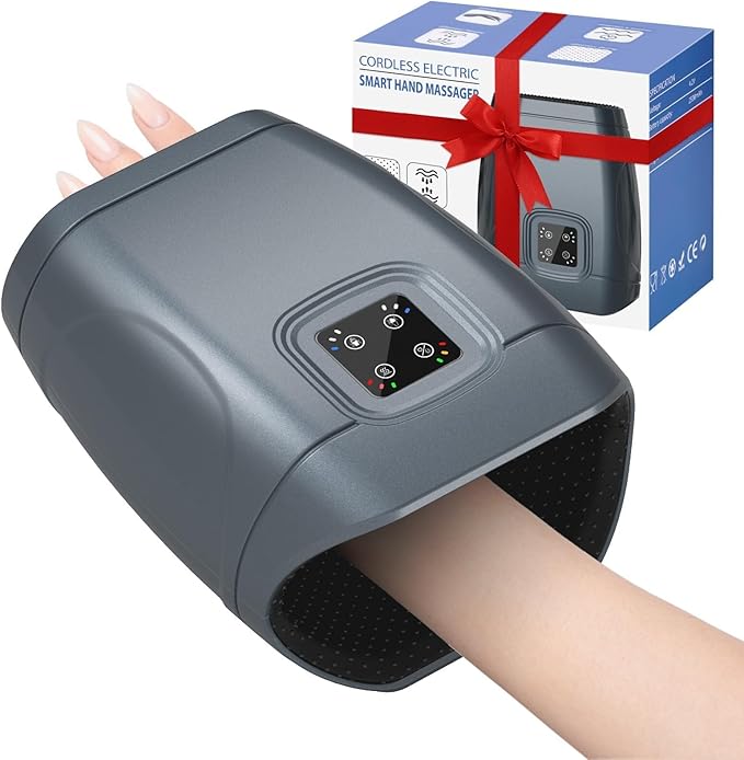 JQX Hand Massager with Heat and Compression Cordless Electric Hand Massager 3 Levels Pressure for Finger Gifts for Women Men(Grey)