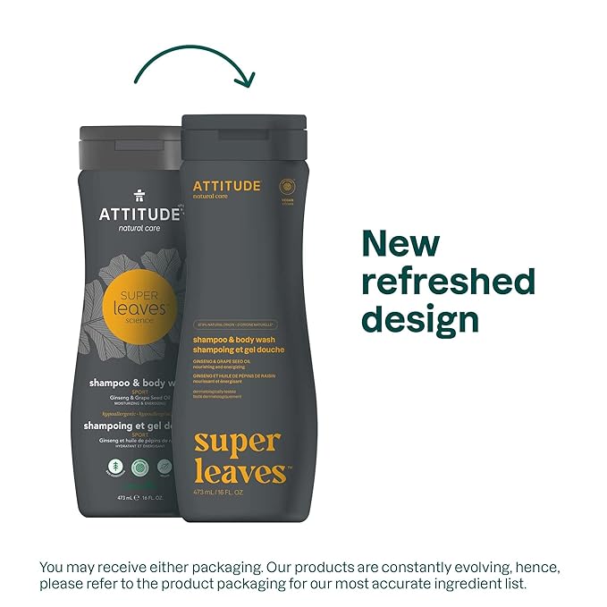 ATTITUDE 2-in-1 Body Wash and Hair Shampoo EWG Verified Shower Gel Dermatologically Tested Made with Naturally Derived Ingredients Vegan Personal Care Ginseng and Grapeseed Oil 16 Fl Oz