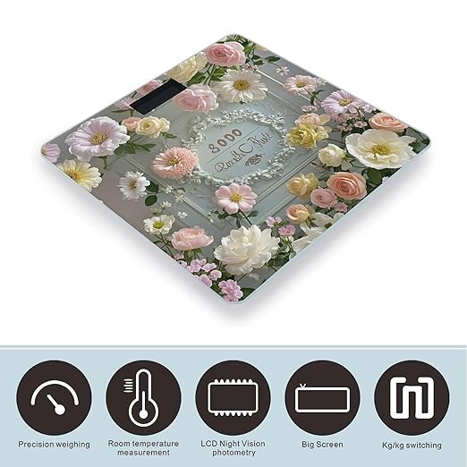 Shabby Chic Flowers Scale for Body Weight Digital Bathroom Scale Toughened Glass High Precision Scales for Body Weight with Large LCD Backlight Display Weight Scales