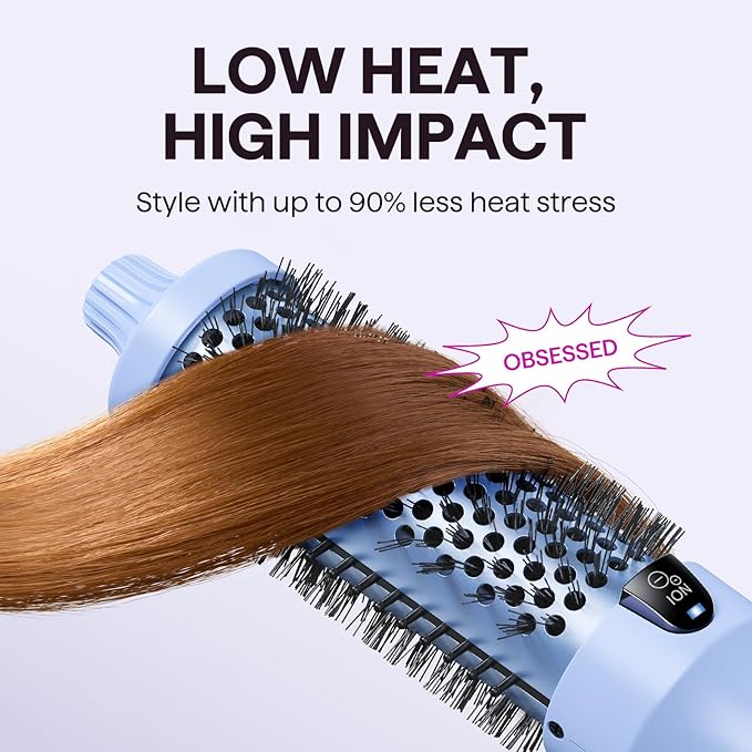 Wavytalk Blowout Boost Thermal Brush 1.5 inch Heated Round Brush for Blowout Look Negative Ion Technology Ceramic Tourmaline 5 Temperature Settings Dual Voltage Blue