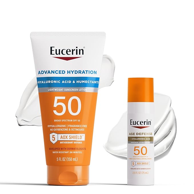 Eucerin Sun Advanced Hydration SPF 50 Sunscreen Lotion (5 Fl Oz) + Age Defense Face Sunscreen Lotion SPF 50 (2.5 Fl Oz) Hypoallergenic and Lightweight Sun Protection with Hyaluronic Acid