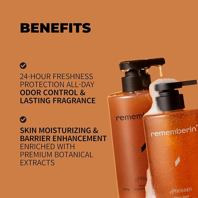 Persimmon Body Wash &amp Shampoo Set – Korean Fermented Persimmon Deodorizing Cleanser for Body Odor Aging Odor (Nonenal) &amp Scalp Odor Care (17.63 oz Each Pack of 2)