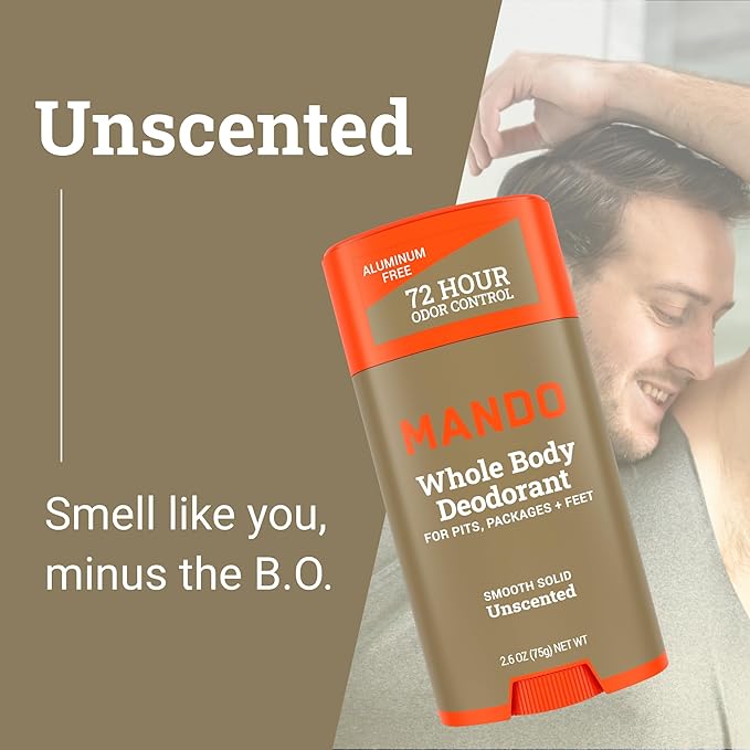 Mando Whole Body Deodorant For Men - Smooth Solid Stick - 72 Hour Odor Control - Aluminum Free Baking Soda Free Skin Safe - 2.6 Ounce (Pack of 2) - Unscented