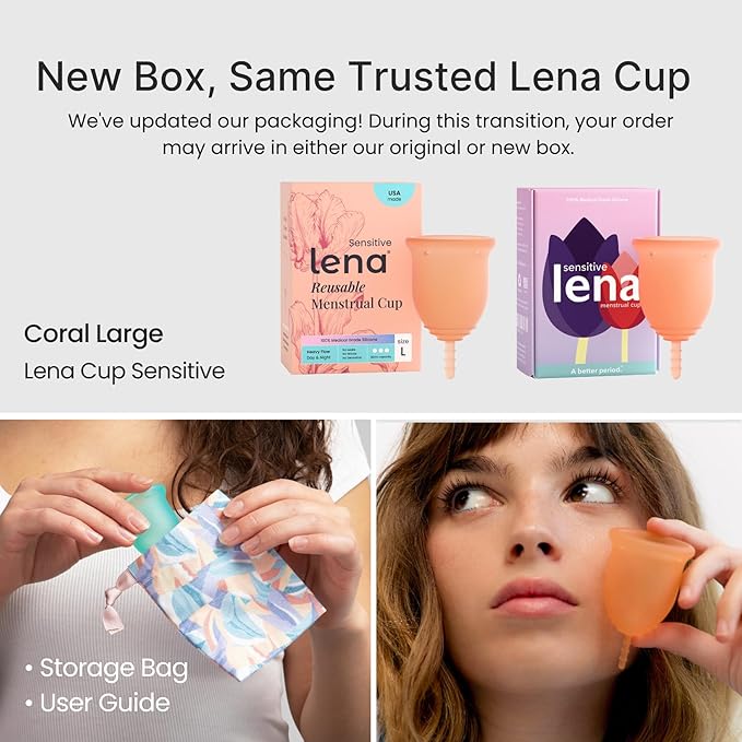 Lena Sensitive Menstrual Cup - Size Large - Ultra-Soft Reusable Silicone Period Cup for Sensitive Anatomy 12-Hour Comfort Gentle &amp Leak-Free Protection (LENA-COR-L)