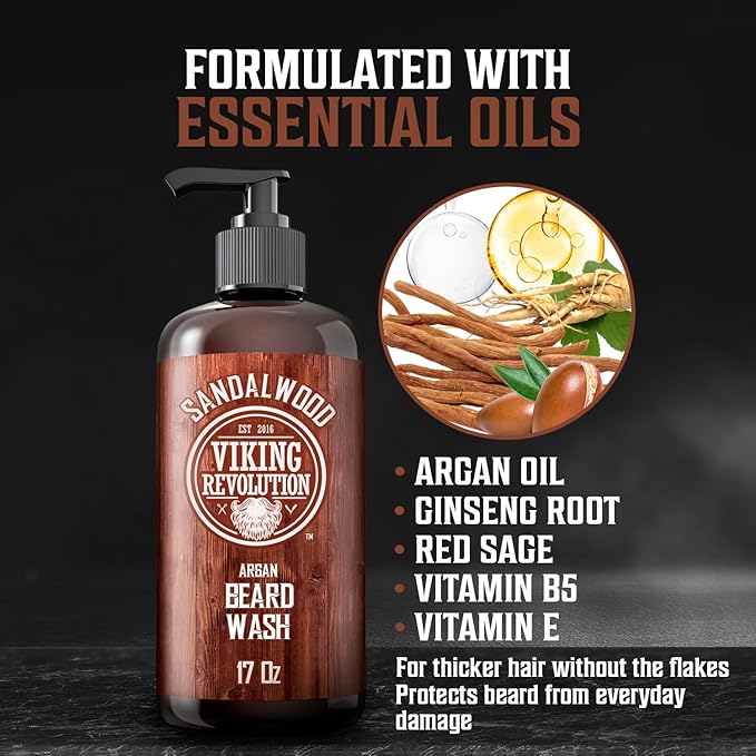 Viking Revolution Beard Wash Shampoo w/Argan &amp Jojoba Oils - Softens &amp Strengthens - Sandalwood Scent - 17 oz Shampoo