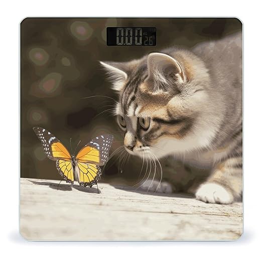 Cat and Butterfly Bathroom Scale for Body Weight Bathroom Weighing Scale with Backlit LCD Display Highly Accurate Measures Weight Up to 180kg