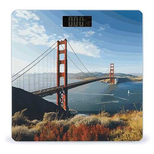 San Francisco Golden Gate Bridge Bathroom Scale Automatic Power On/Off Body Scales LCD Backlight Display Square Digital Scale Rounded Corners Bathroom Scales for Home Bedrooms
