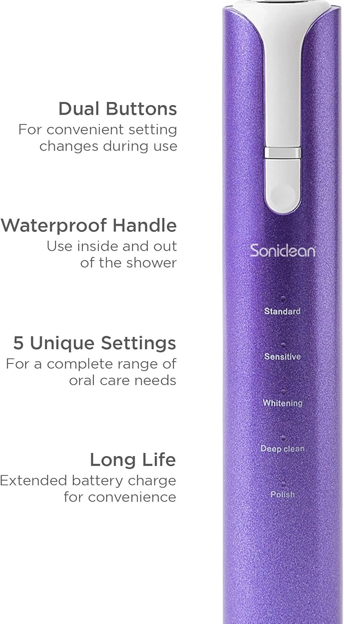 Soniclean Lux Sonic Toothbrush for Adults with 6 Toothbrush Heads Rechargeable Automatic Purple