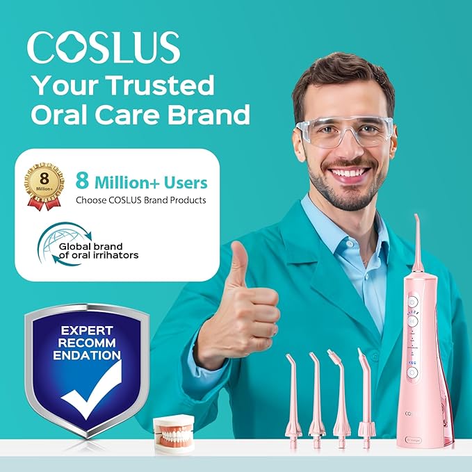 COSLUS C50 Portable Water Flosser for Teeth: 4 Modes &amp 5 Intensity Levels Professional Electric Dental Pick for Sensitive Gums Braces &amp Orthodontic - Cordless for Travel Use BPA-Free