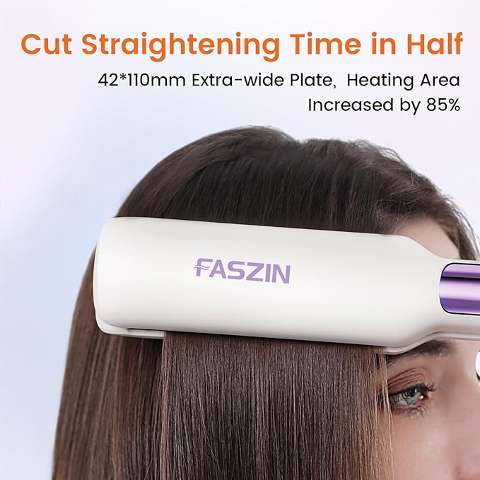 Faszin Professional Hair Straightener 1.65inch Wide-Plate Titanium Negative Ion Flat Iron 30s Rapid Heating LED Temp Display Wide Voltage &amp 10 Adjustable Temp Levels (260-450℉)-Cream-White