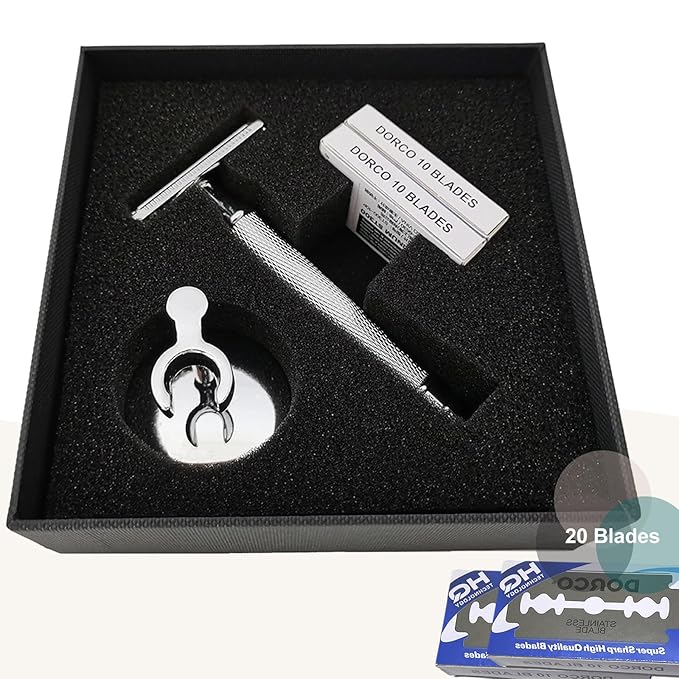 Double Edge Safety Razor Set With 20 Blades Stand Heavy Duty Kit for Men's Everyday Use and Smooth Close Shave (Silvery)