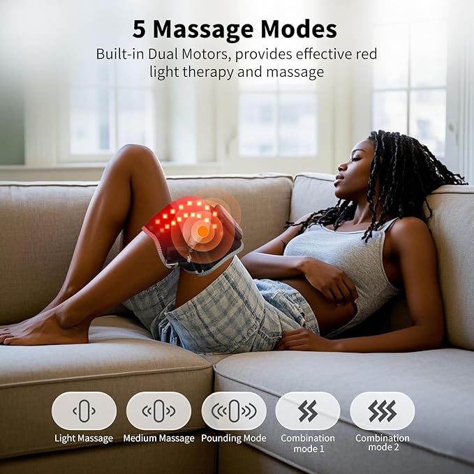 Knee Massager with Heat and Red Light 2-in-1 Heating Pad with Massager for Knee Shoulder 660nm&amp850nm Red Light Therapy Heated Device for Pain Relief 5 Vibration Modes &amp 6 Heating Levels