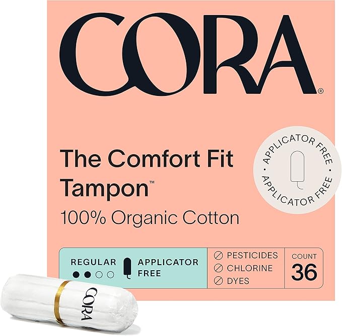 Cora Organic Feminine Care | Regular Pads With Wings and Non-Applicator Tampons | Ultra-Absorbent Unscented Natural Non-Toxic | 36 Pads and 36 Tampons | Bundle Pack