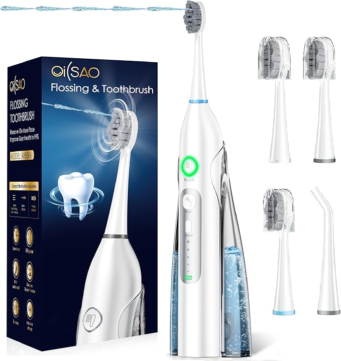 Electric Toothbrush with Water Flosser 3 Sonic Modes 5 Flossing Speeds with 3 Brushes + 1 Nozzle Portable Flossing Toothbrush Combo for Adults Teeth Cleaning Kit for Plaque RemovalWhite