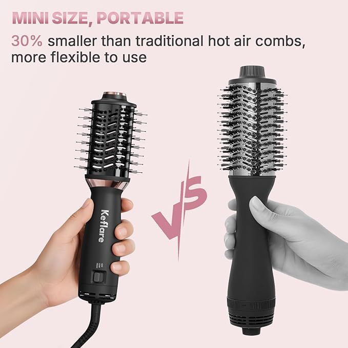 Mini Dual Voltage Hair Dryer Brush 2-in-1 Hot Air Brush for Travel One Step Blow Dryer &amp Styler for Drying Smoothing and Volumizing Hair