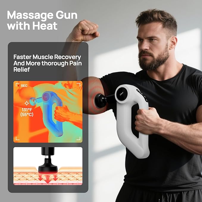 Massage Gun with Heat - Deep Tissue Percussion Massager for Pain Relief 12mm Amplitude 5 Speeds &amp 8 Attachments Ideal for Muscle Recovery Back Shoulder Leg - Gift for Athletes Men Women (Whi