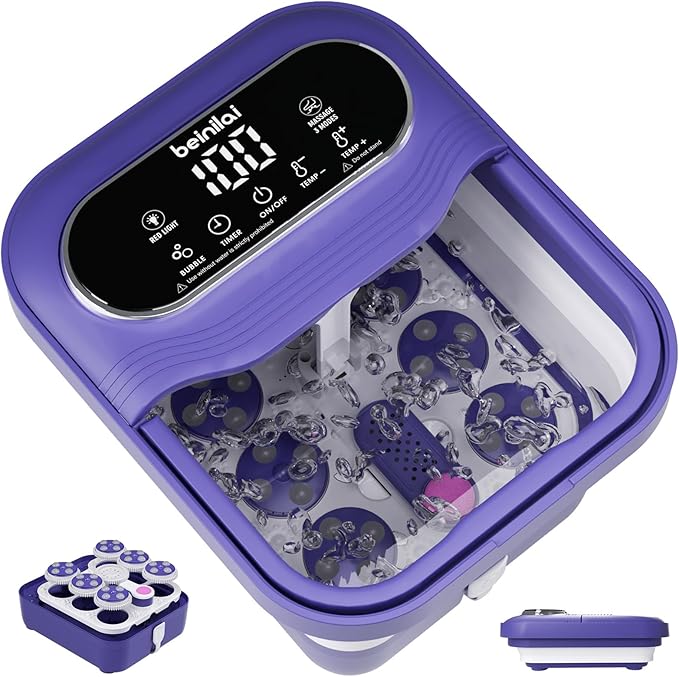 Beinilai Collapsible Foot Spa Electric Rotary Massage Foot Bath with Heat Bubble and Motorized Shiatsu Massage Balls Pedicure Foot Spa for Feet Stress Relief