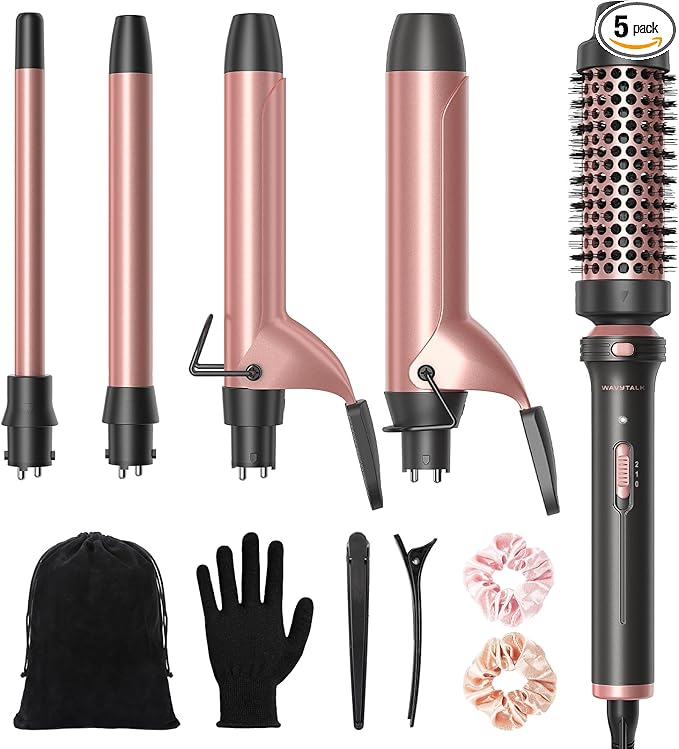 Wavytalk 5 in 1 Curling IronCurling Iron Set with Heated Round Brush and 4 Interchangeable Ceramic Curling Wand(0.5”-1.25) Instant Heat UpDual Voltage Hair Curler