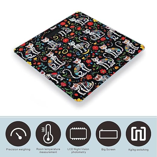 Women's Fashion Automatic Switch Digital Bathroom Weighing Scale Smart Scale Day of The Dead Black Cat Rose Sugar Skull Skeleton