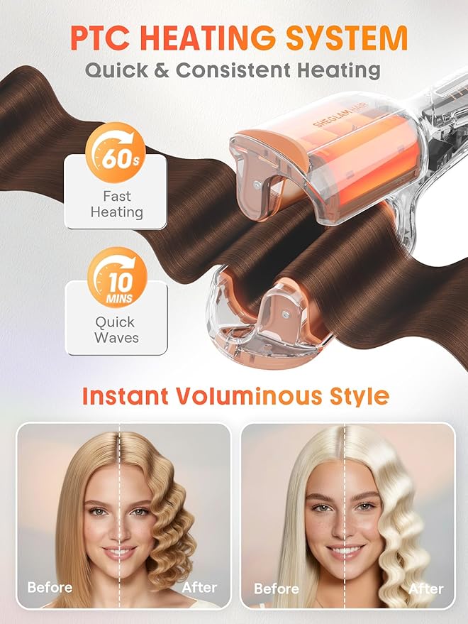 SHEGLAM 0.75 Deep Waver for Short Hair Lightweight Dual Voltage Smart Timer Hair Tool Crimper Double Barrel &amp Adjustable Temps Anti-Scald Easy to Use