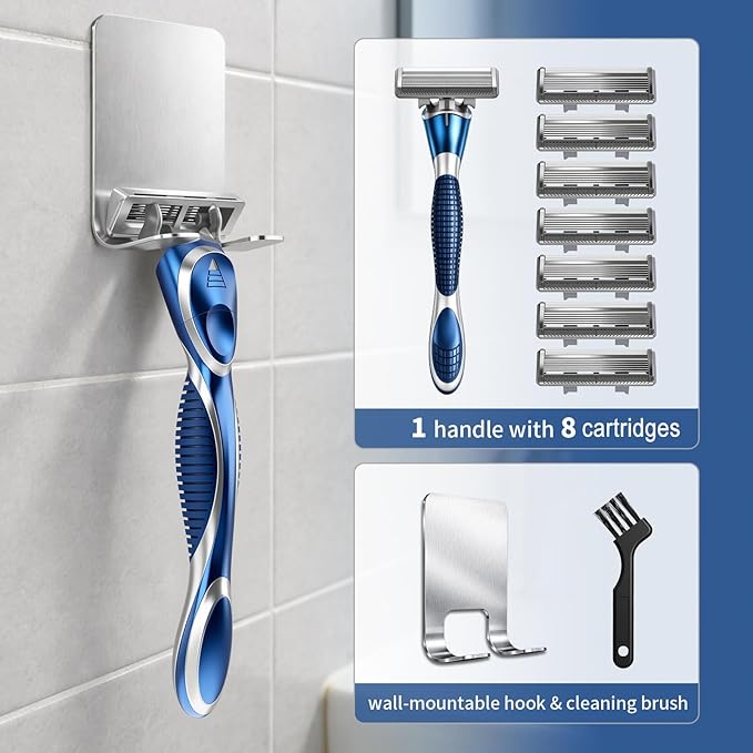 6-Blade Manual Razor for Men with Lubricating Strip 1 Ergonomic Non-Slip Handle Includes 8pack Razor Blade Refill Cartridges with Hanging Hook &amp Cleaning Brush Full Washable Design