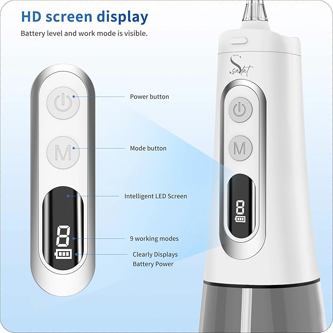 Sadat Cordless Water Dental Flosser – 9 Modes LED Screen 300ML Portable Oral Irrigator Rechargeable &amp IPX7 Waterproof Teeth Cleaning Picks for Home &amp Travel White