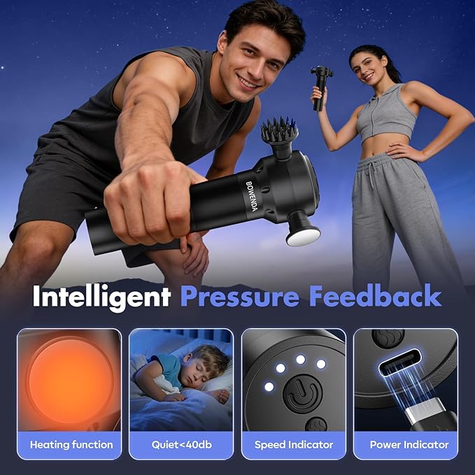 Deep Tissue Massage Gun with Heating 7000 RPM Handheld Vibrating Muscle Massager with 4 Speeds &amp 3 Heads Ideal Gift for Family &amp Sports Enthusiasts
