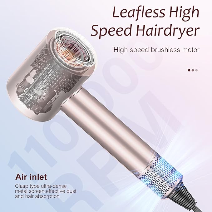 Brushless Powerful Hair Dryer 1600W 110000 RPM Fast Drying High Speed Blow Dryer with Negative Ion Technology Portable Lightweight with Diffuser and Nozzle for Home Salon Travel Pink