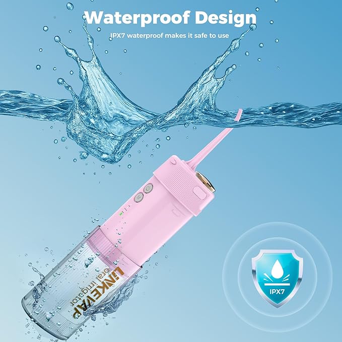 LINKEVAP Portable Water Flosser for Teeth Cleaner Pick Battery Powered Oral Irrigator for Teeth CleaningDaily Dental Care for Home and Travel180 ML Telescopic Water Tank (Light Pink)