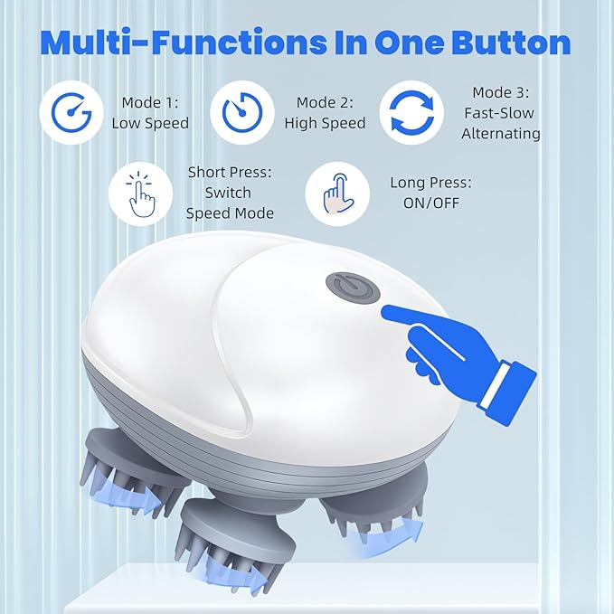 Upgraded Electric Scalp Massager for Men Women Handheld Cat Dog Pet Head Massager with 4 Massage Heads 3 Speeds Waterproof Massager for Soothing Muscles Joints Hair Growth Stress Relax