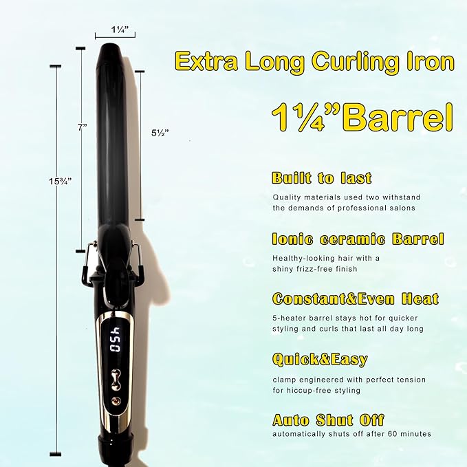 abp 1.25 Inch Curling Iron Extra Long Barrel with Ceramic Coating for Long/Medium Hair1 1/4 INCH LCD Display Instant Heat up to 450°F with clampHair Style Tool Girls &amp Women