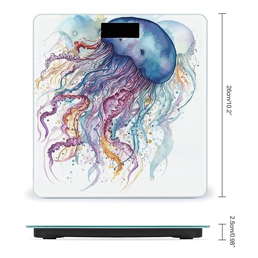 Watercolor Jellyfish Bathroom Scale Automatic Power On/Off Body Scales LCD Backlight Display Square Digital Scale Rounded Corners Bathroom Scales for Home Bedrooms