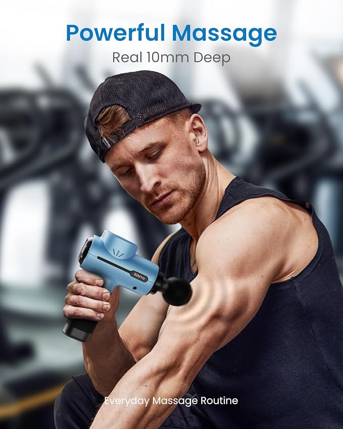 RENPHO Active Massage Gun Deep Tissue Percussion Massager for Back and Neck Portable Handheld Massager with 5 Speeds 5 Attachments Carry Case Blue