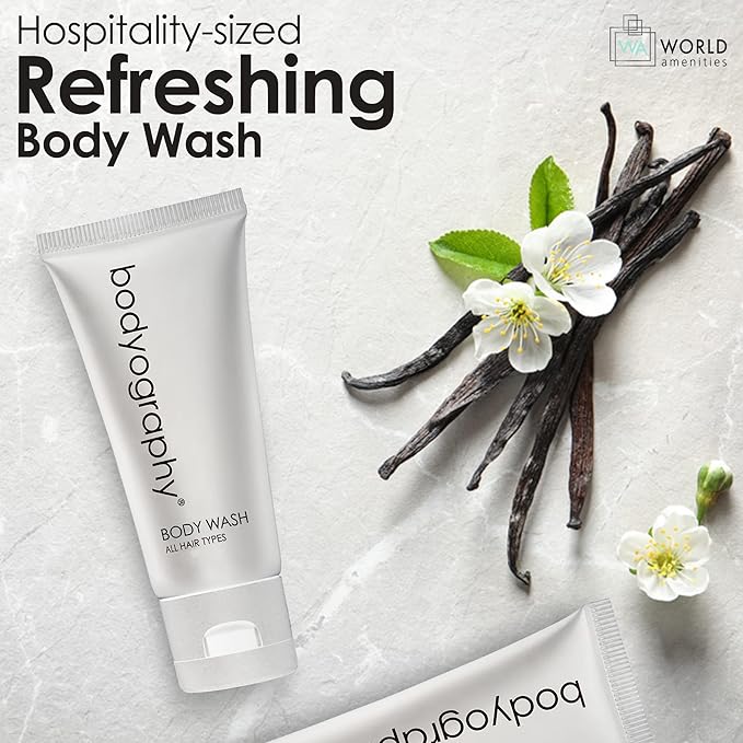World Amenities - Bodyography blanc- Bulk Body Wash | 50 Count 1.4oz | Vanilla White Tea Mini Travel Size Toiletries (100% Recyclable Tube with Flip Top Cap) Hotel Amenities.