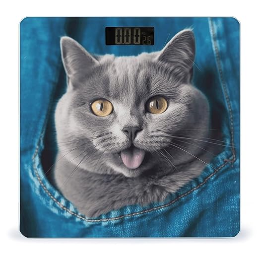 Blue Cat Sticking Out Tongue Scale for Body Weight Anti-Slip Tempered Glass Digital Bathroom Scales Clear LCD Display Weighing Scale Safe Rounded Corners Smart Scales