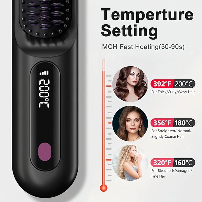 Cordless Hair Straightener Brush for Women Portable Travel Hair Straightener Brush Ionic Ceramic Mini Hot Comb with Fast Heating 3 Heat Settings USB Rechargeable Anti-Frizz Styling Tool (White)